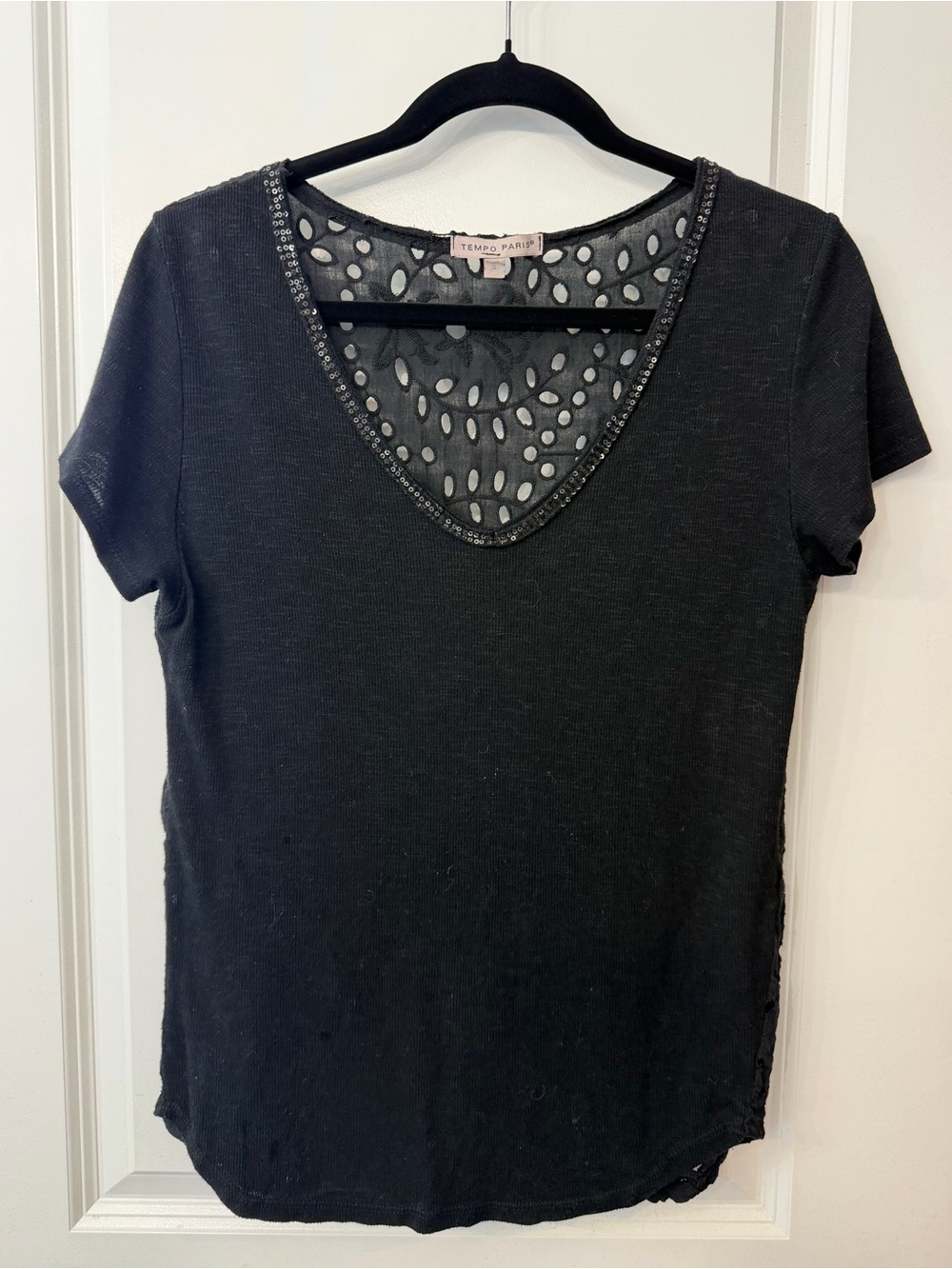 Tempo Paris Black Short Sleeve Top with Sequin Trim and Eyelet Back